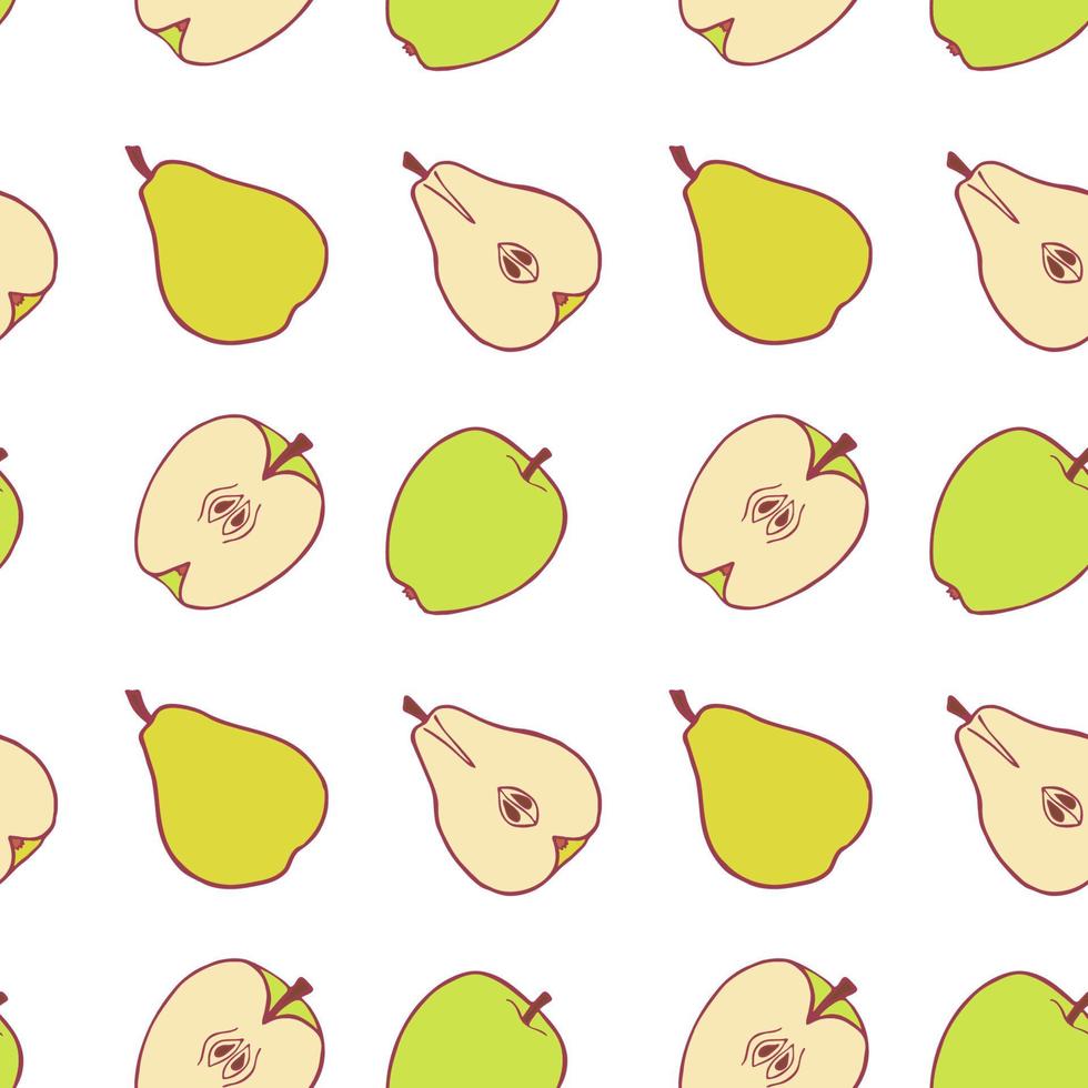 Fruit pear and apple seamless pattern, great design for any purposes. Hand drawn fabric texture pattern. Healthy food background. Vector flat style summer graphic. On white background.