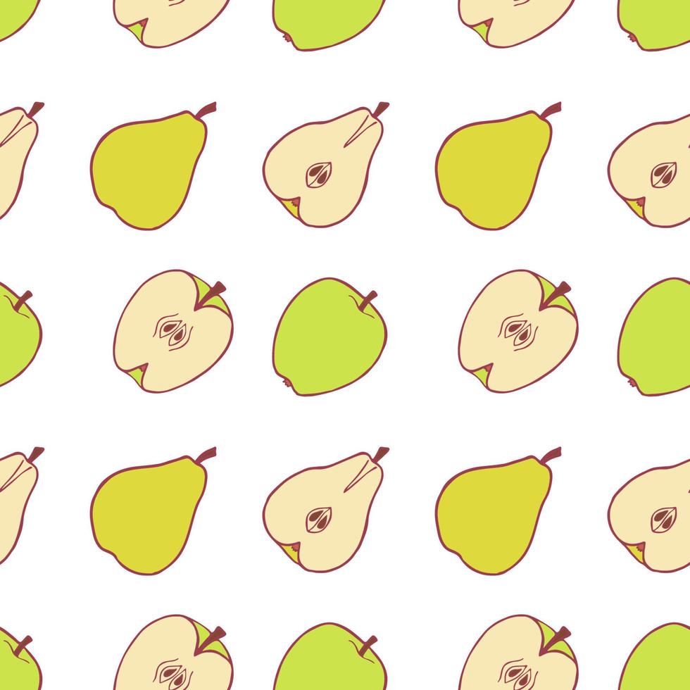 Fruit pear and apple seamless pattern, great design for any purposes. Hand drawn fabric texture pattern. Healthy food background. Vector flat style summer graphic. On white background.