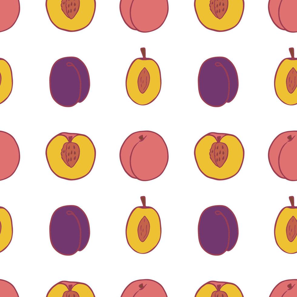 Fruit plum and peach seamless pattern, great design for any purposes. Hand drawn fabric texture pattern. Healthy food background. Vector flat style summer graphic. On white background.