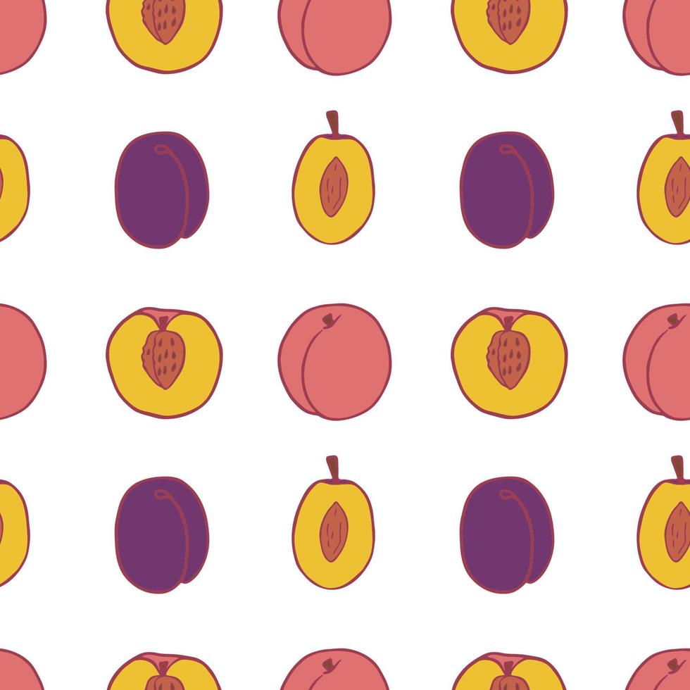 Fruit plum and peach seamless pattern, great design for any purposes. Hand drawn fabric texture pattern. Healthy food background. Vector flat style summer graphic. On white background.