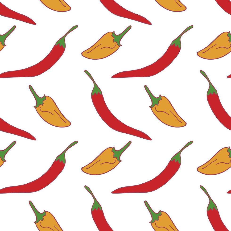 Peppers seamless pattern for wallpaper design.Two kid of pepper. Fresh ripe color food. Organic healthy vegetable.  food. Cartoon pattern on white backdrop. Vector doodle design.