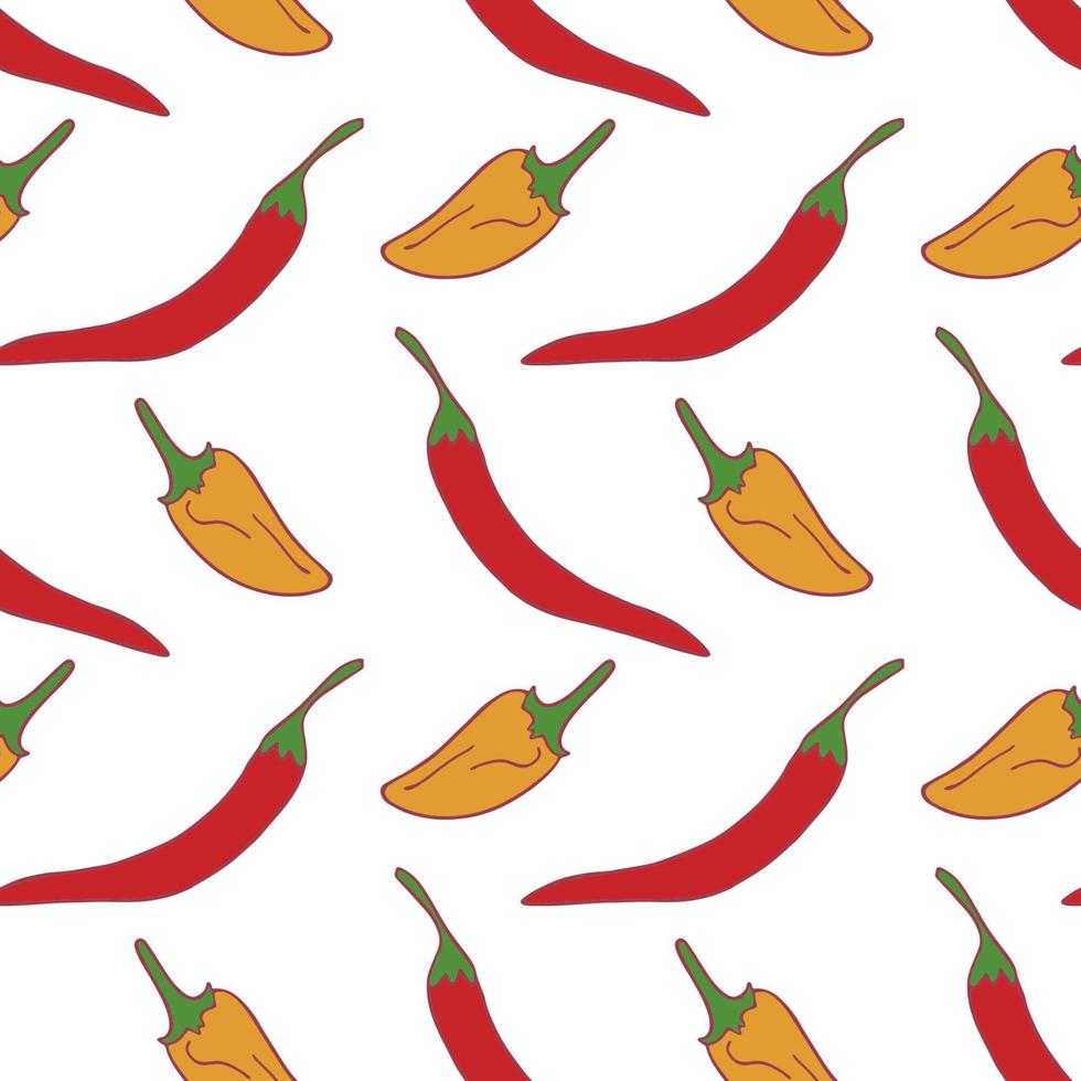 Peppers seamless pattern for wallpaper design.Two kid of pepper. Fresh ripe color food. Organic healthy vegetable.  food. Cartoon pattern on white backdrop. Vector doodle design.