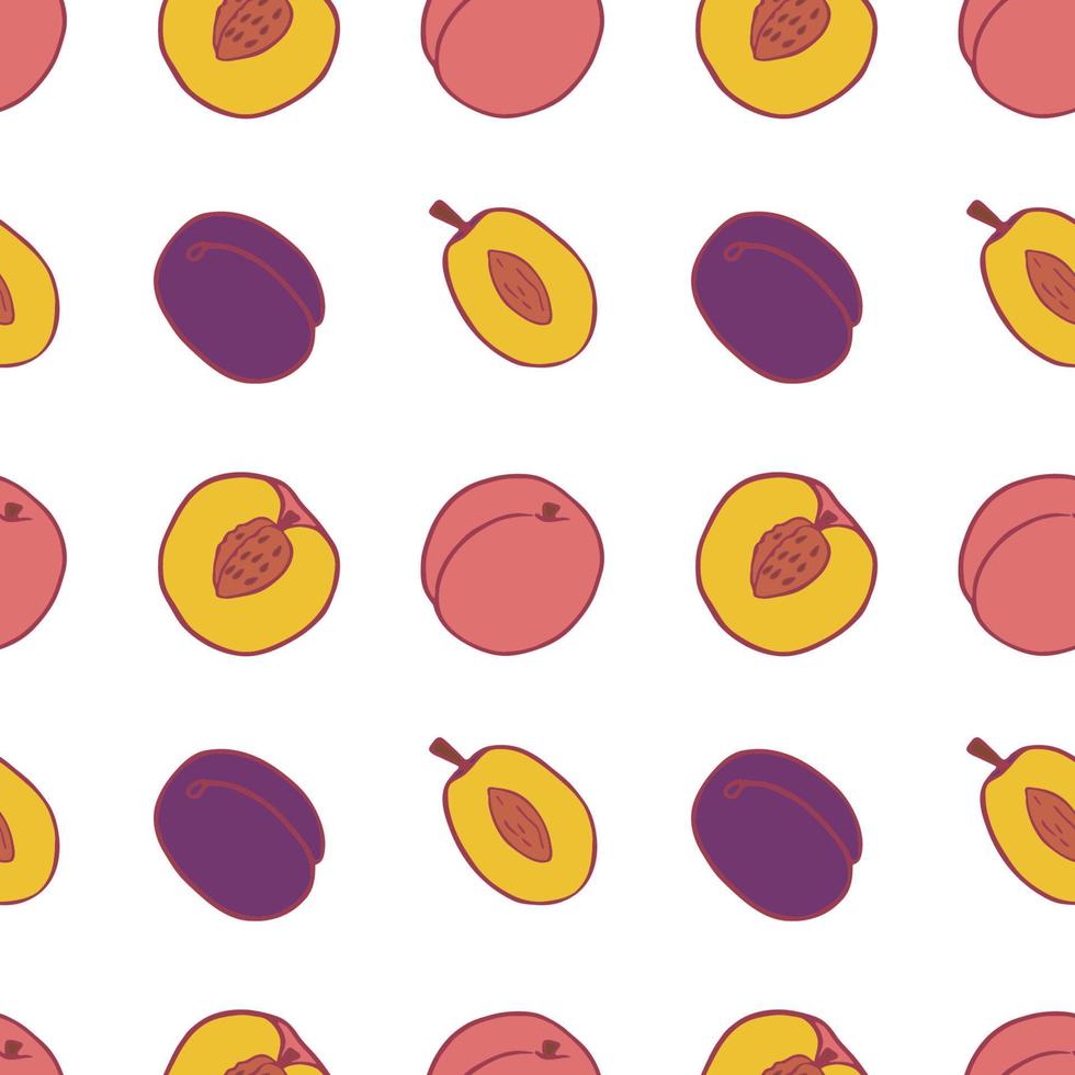 Fruit plum and peach seamless pattern, great design for any purposes. Hand drawn fabric texture pattern. Healthy food background. Vector flat style summer graphic. On white background.