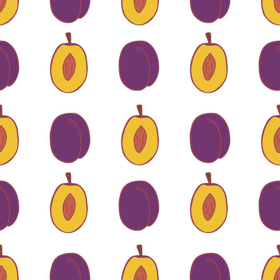 Fruit plum seamless pattern, great design for any purposes. Hand drawn fabric texture pattern. Healthy food background. Vector flat style summer graphic. On white background.