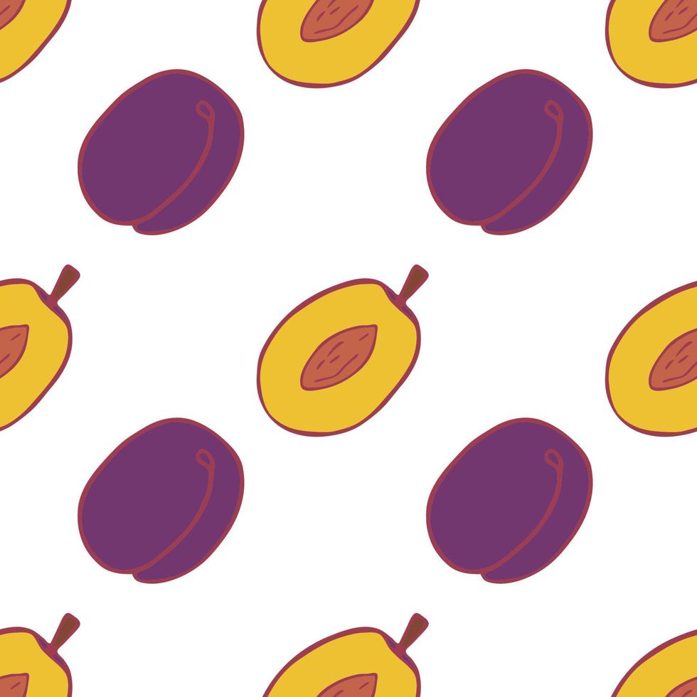 Fruit plum seamless pattern, great design for any purposes. Hand drawn fabric texture pattern. Healthy food background. Vector flat style summer graphic. On white background.