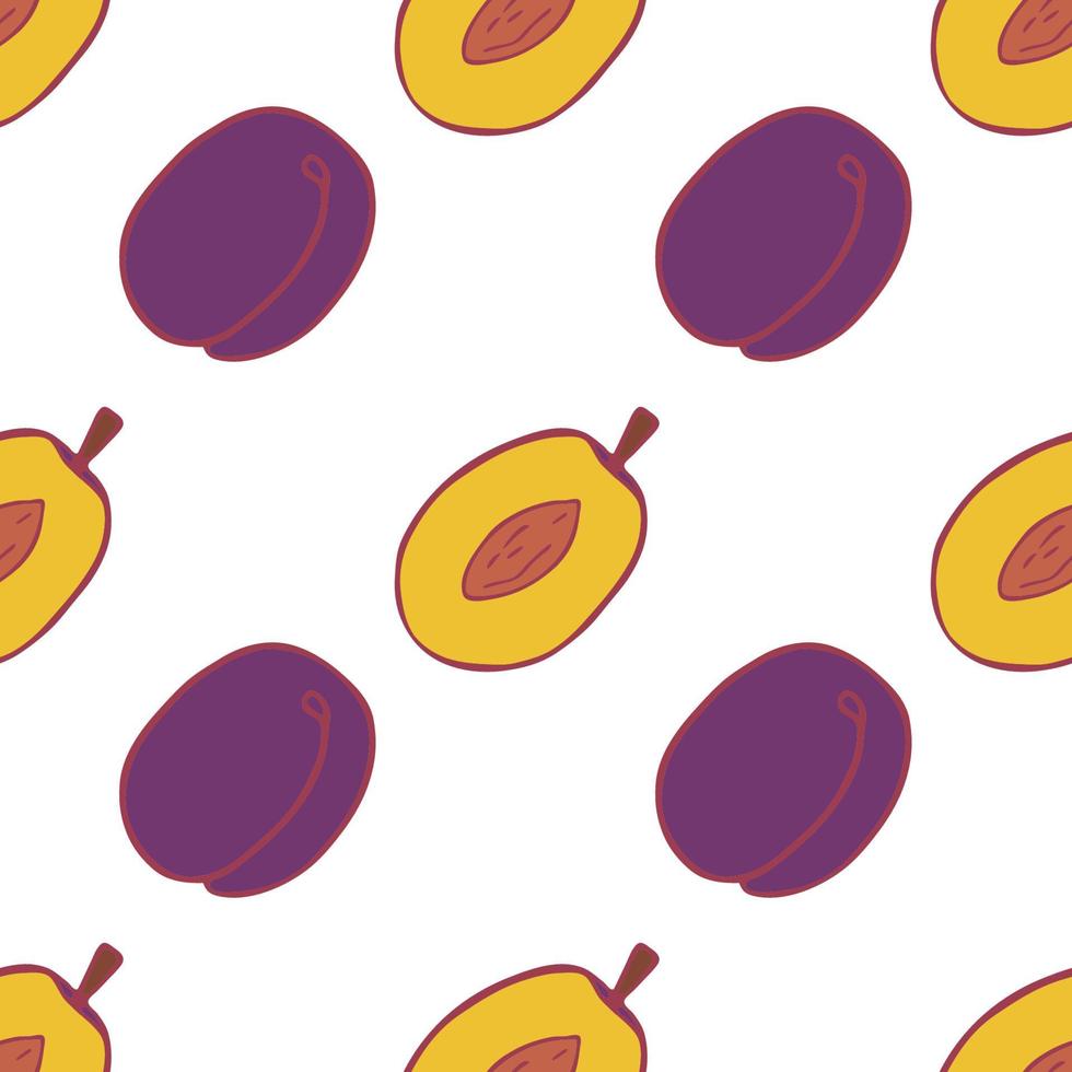 Fruit plum seamless pattern, great design for any purposes. Hand drawn fabric texture pattern. Healthy food background. Vector flat style summer graphic. On white background.