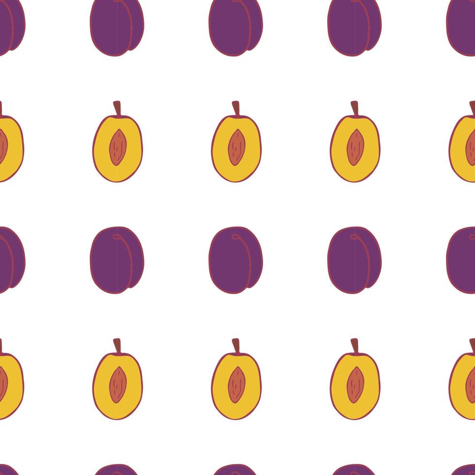 Fruit plum seamless pattern, great design for any purposes. Hand drawn fabric texture pattern. Healthy food background. Vector flat style summer graphic. On white background.