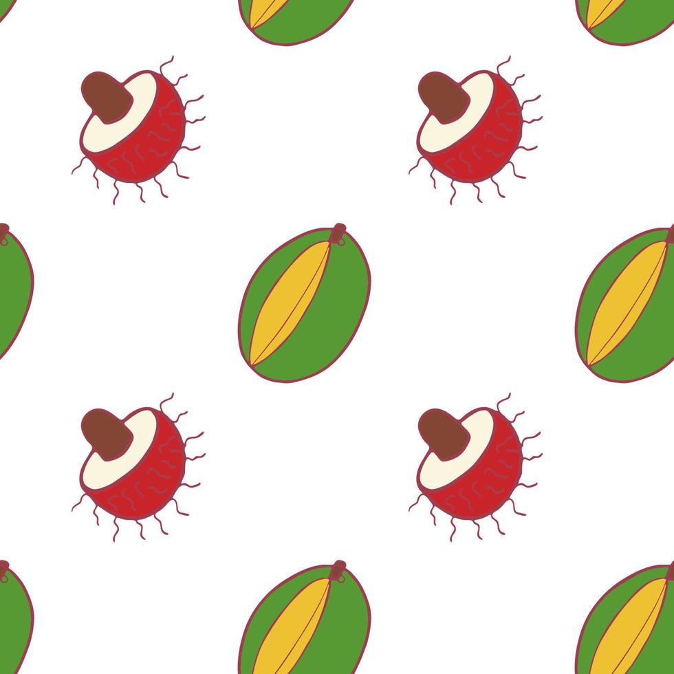 Fruit mango and rambutan seamless pattern, great design for any purposes. Hand drawn fabric texture pattern. Healthy food background. Vector flat style summer graphic. On white background.
