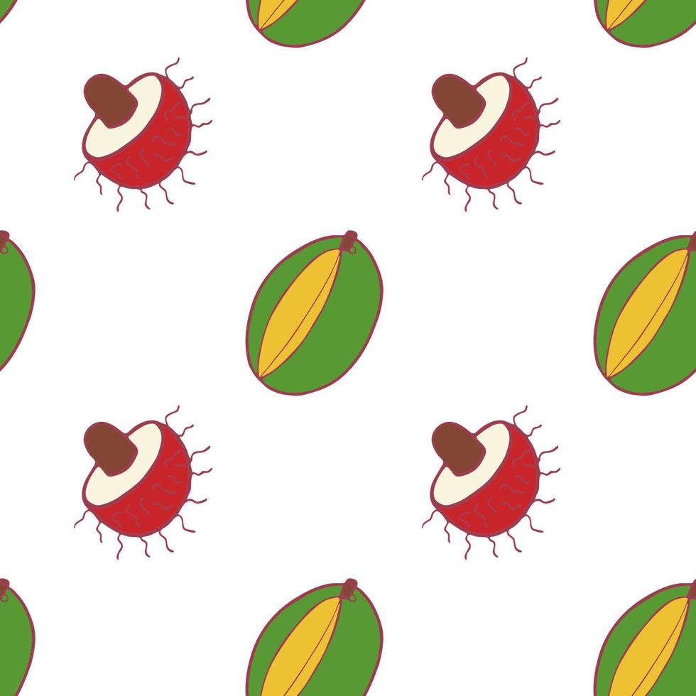 mango de fruta y patrón sin costuras de rambután, gran diseño para cualquier propósito. patrón de textura de tela dibujada a mano. fondo de alimentos saludables. gráfico vectorial de verano de estilo plano. sobre fondo blanco vector