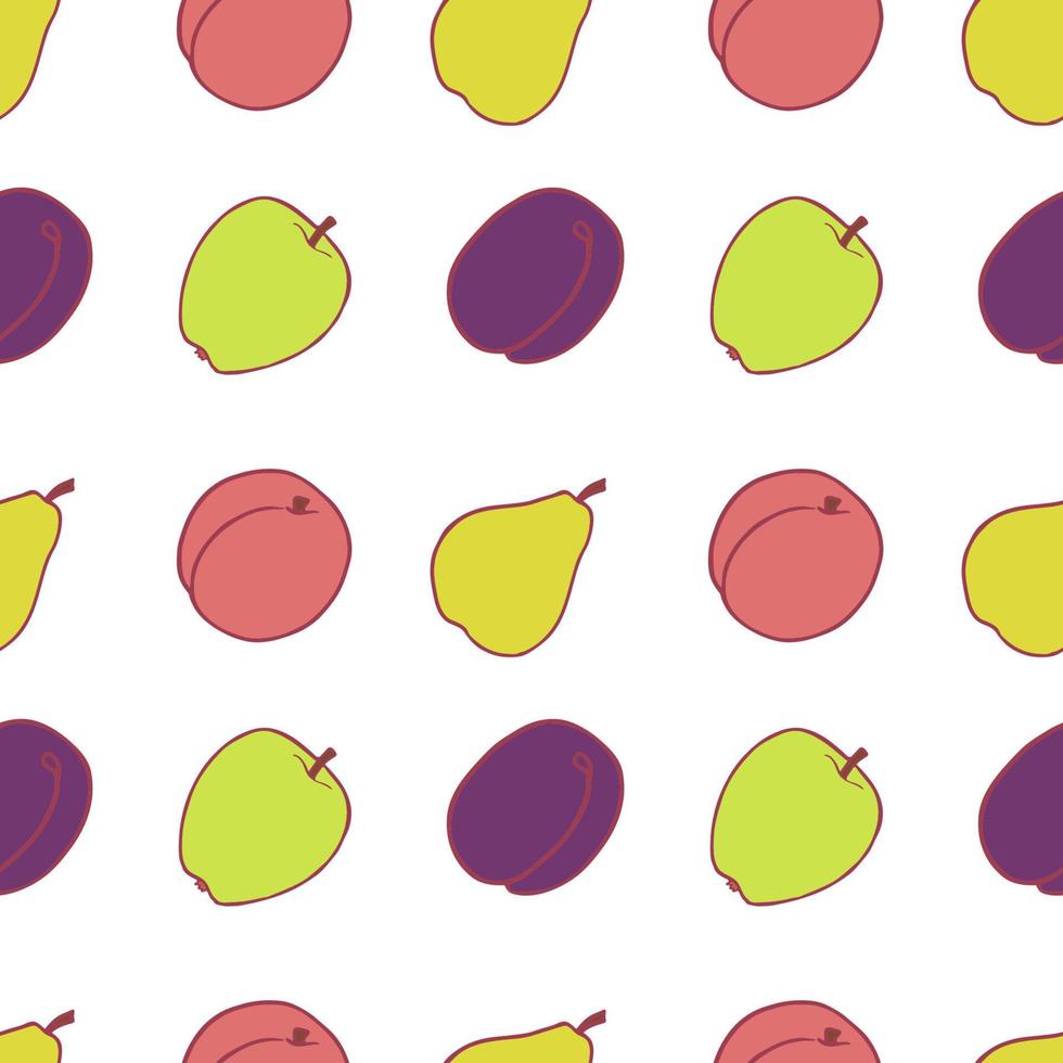 Fruit plum, pear, peach and apple seamless pattern, great design for any purposes. Hand drawn fabric texture pattern. Healthy food background. Vector flat style summer graphic. On white background.