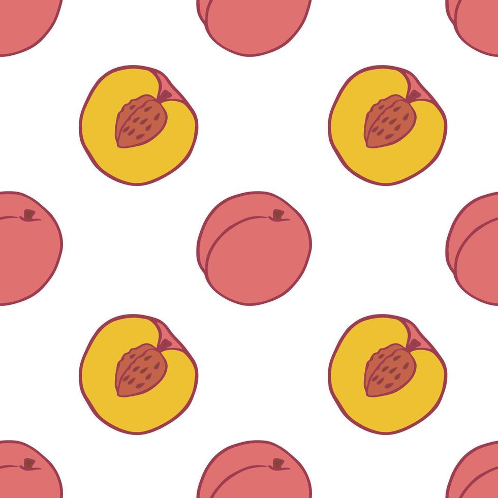 Fruit peach seamless pattern, great design for any purposes. Hand drawn fabric texture pattern. Healthy food background. Vector flat style summer graphic. On white background.