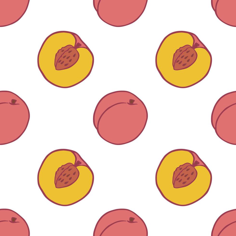 Fruit peach seamless pattern, great design for any purposes. Hand drawn fabric texture pattern. Healthy food background. Vector flat style summer graphic. On white background.