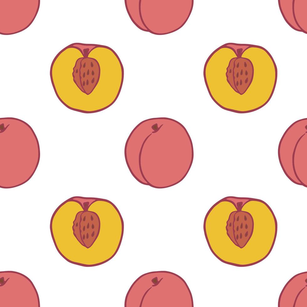Fruit peach seamless pattern, great design for any purposes. Hand drawn fabric texture pattern. Healthy food background. Vector flat style summer graphic. On white background.