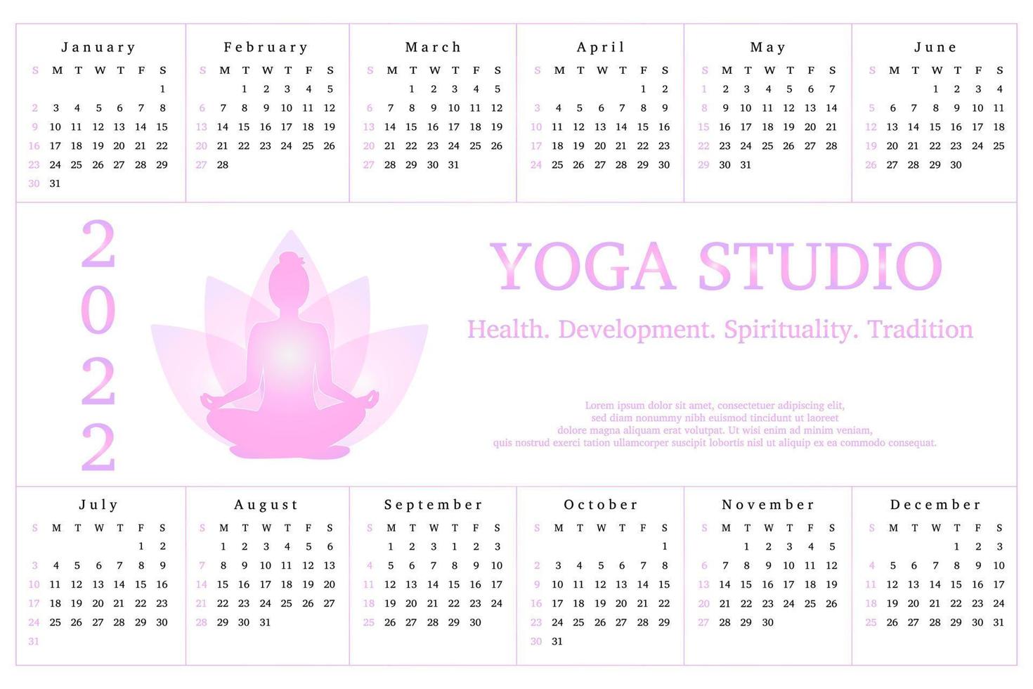 Calendar for 2022, advertisement yoga studio. Woman in lotus position on background of lotus flower. Logo of sports hall, gym. Template for flyers, invitations, web pages vector