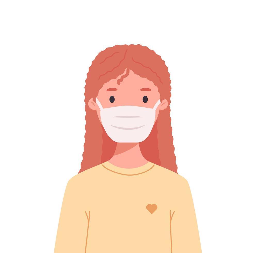 chica con el pelo largo y rojo ondulado con mascarilla médica. avatar infantil durante la pandemia del coronavirus covid-19 vector