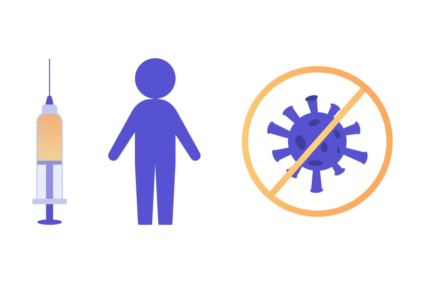 Syringe with coronavirus vaccine. Figure, silhouette of person vaccinating against COVID 19. Crossed-out virus icon. Poster, banner for vaccination campaign agitation vector