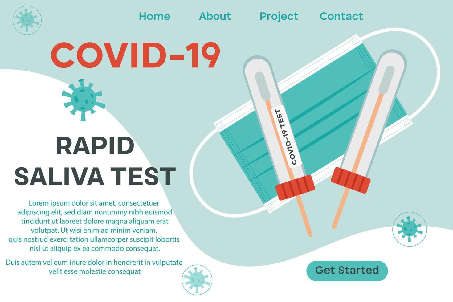 plantilla de página web para centro médico, laboratorio. prueba rápida de saliva para coronavirus covid 19. tubo de ensayo para saliva, nariz, máscara médica, icono de coronavirus vector