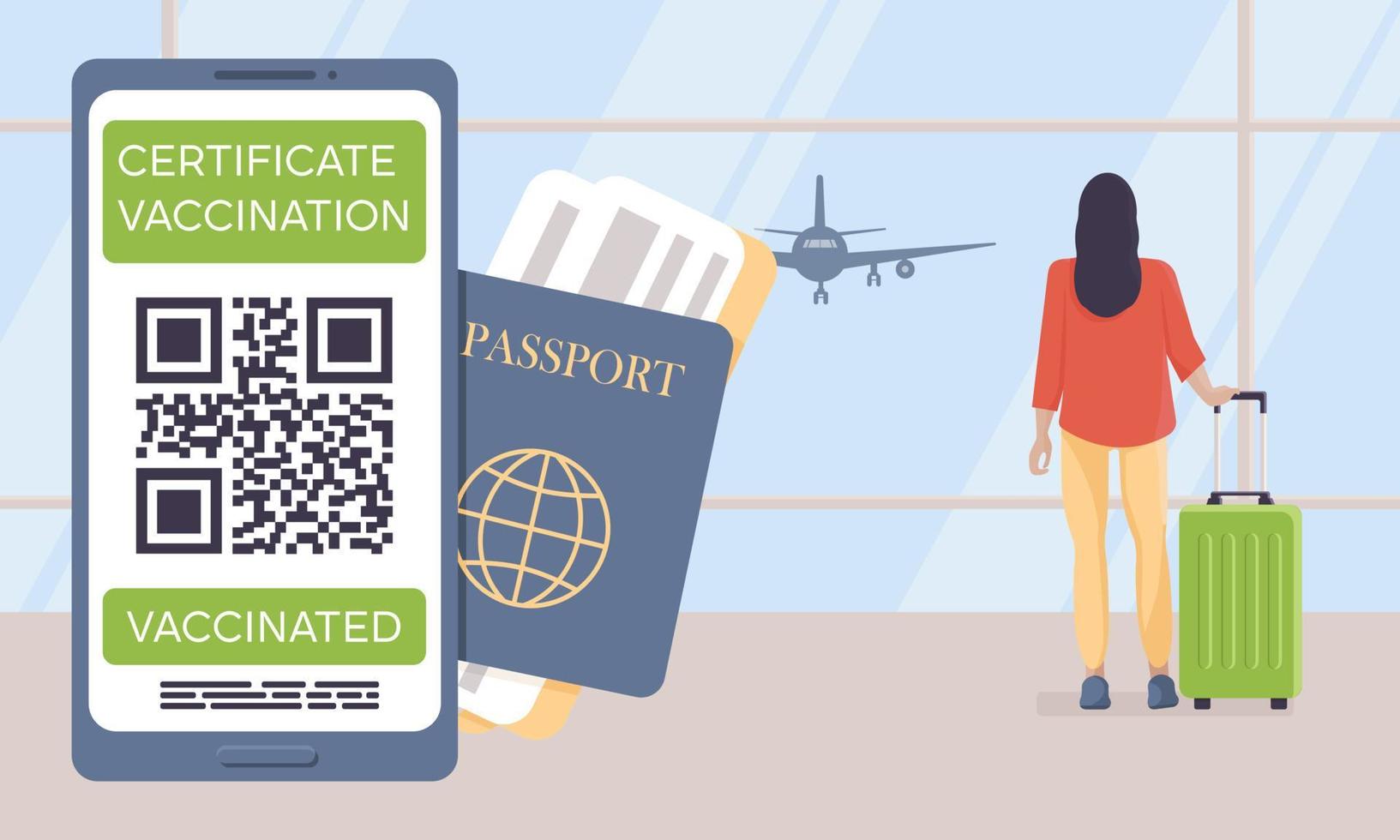 pantalla de teléfono inteligente con código qr del certificado de vacunación contra el coronavirus covid-19. pasaporte, billetes de avión, mujer, maletas terminal del aeropuerto. concepto de viajar durante la pandemia. vector