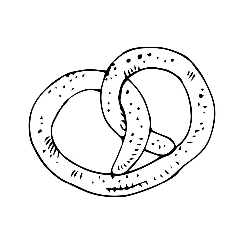 Vector tasty pretzel illustration.Brezel sketch drawing, engraving, ink, line art.German food.Can be used for menu, cafe, restaurant, poster, banner, emblem, sticker, placard and other design.