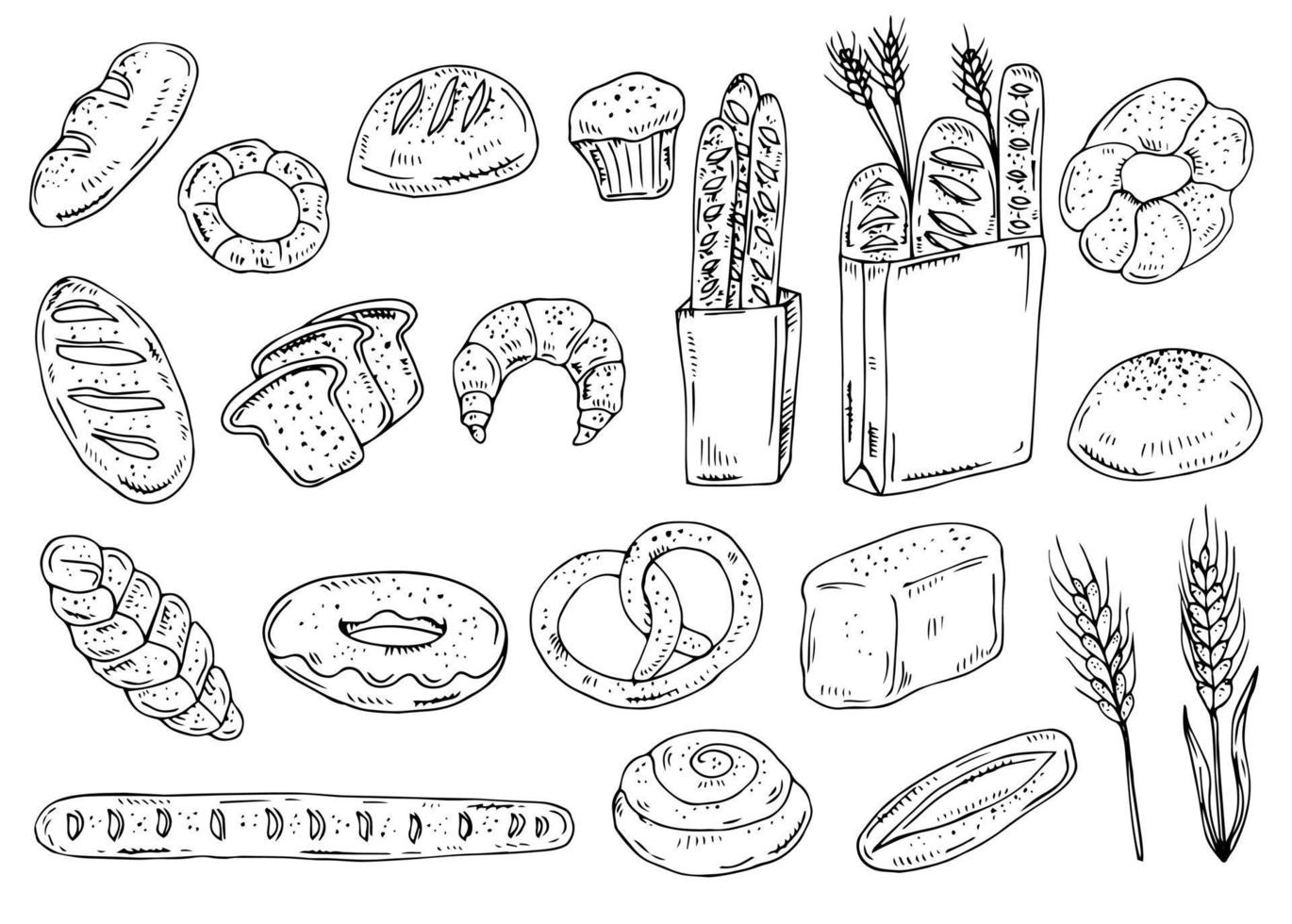 Set of drawings bakery theme. cakes, pies, Bread and pastry collection. Bread house. vector black and white sketch illustration isolated on white background