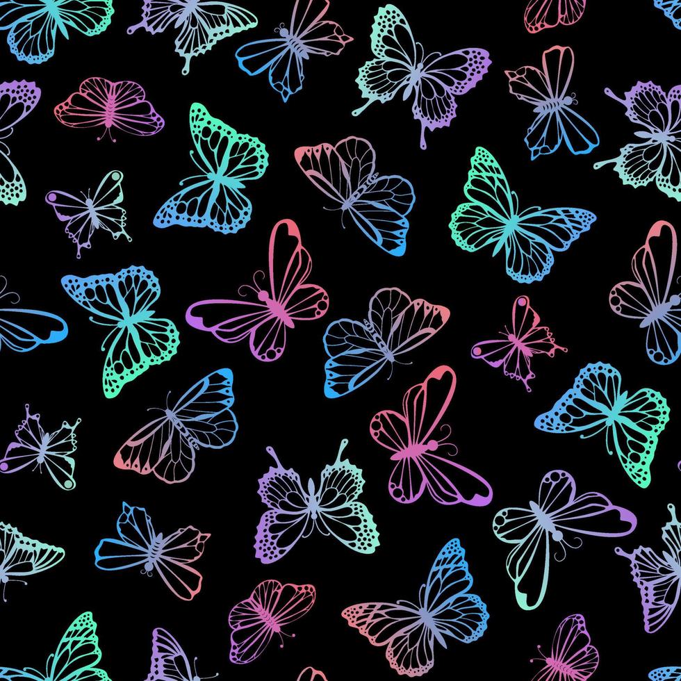 Patrón sin fisuras de mariposas brillantes sobre fondo negro vector