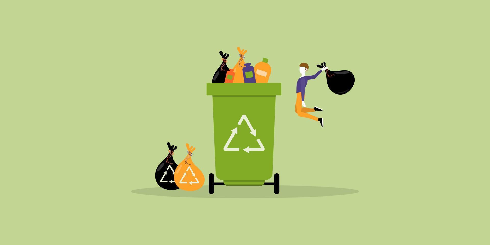 Waste management concept. A man holding a black bag and garbage is jumping to throw it in a green recycling bin. Reduce environmental pollution, be eco-friendly, save climate and nature. vector