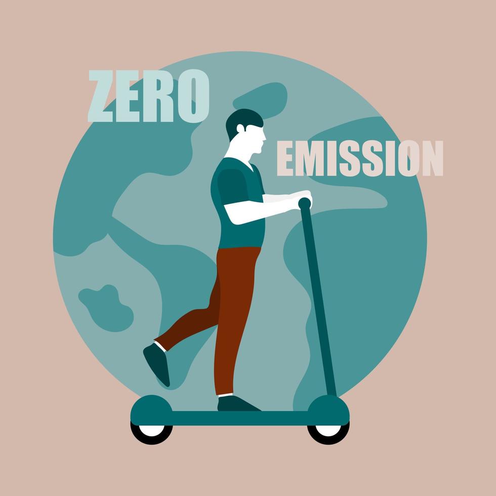 Eco-friendly concept.The man traveling with an electric scooter and the green world in the background. Reducing CO2 emissions into the atmosphere. Earth day. Environment transportation. vector