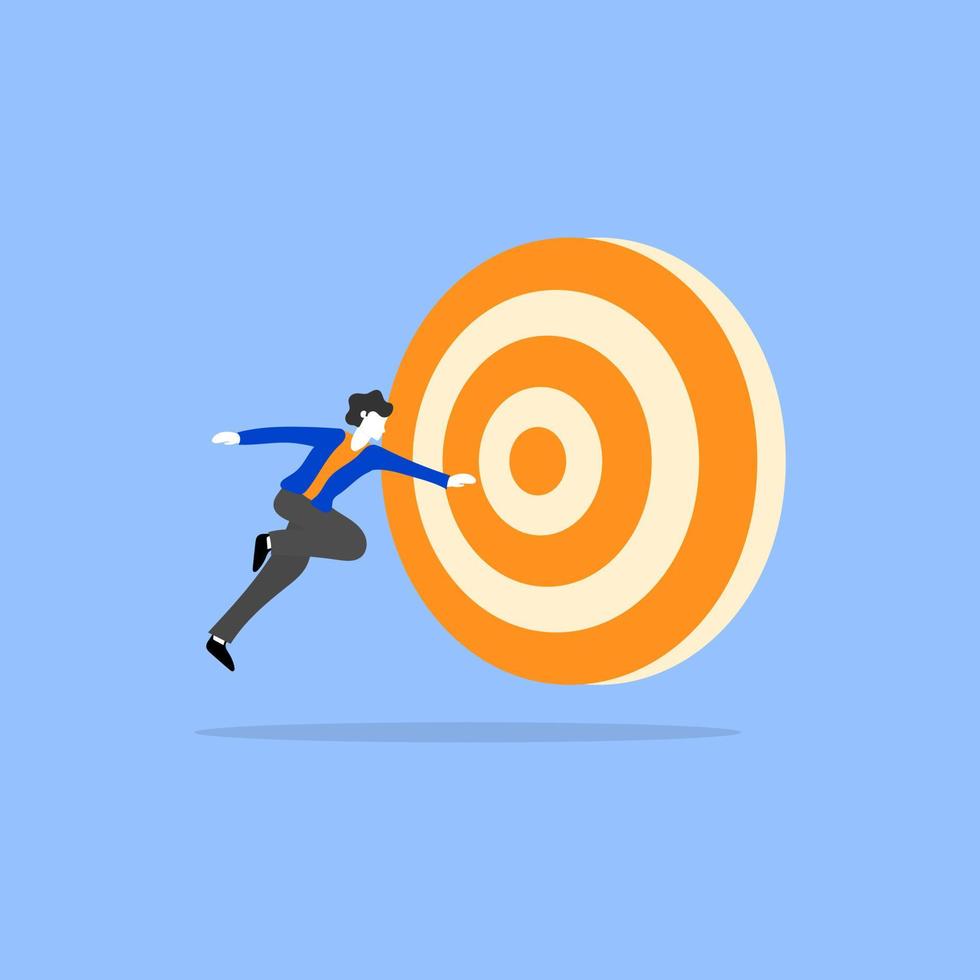 Goal and achievement concept. A smart businessman running and jumping to the dartboard. Business success, leadership vision, motivation. vector