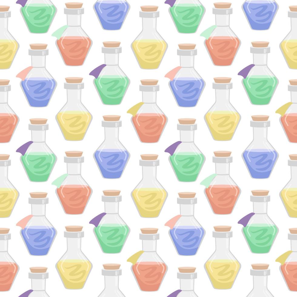 Vector seamless pattern of flasks of various shapes. Vessels for liquid. Colored Halloween elements