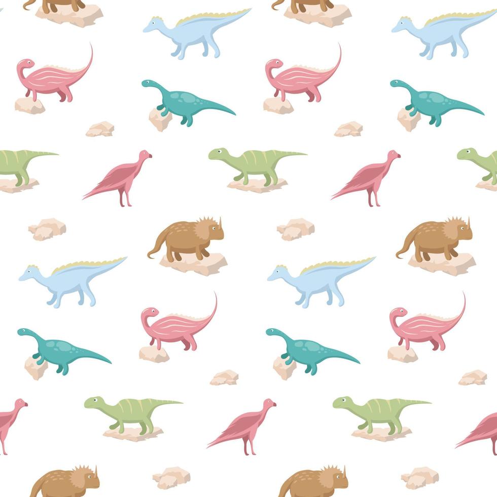 Vector seamless pattern cartoon funny dinosaurs. Vector illustration. Aardonyx. Amurosaurus Avimimus Agathaumas.