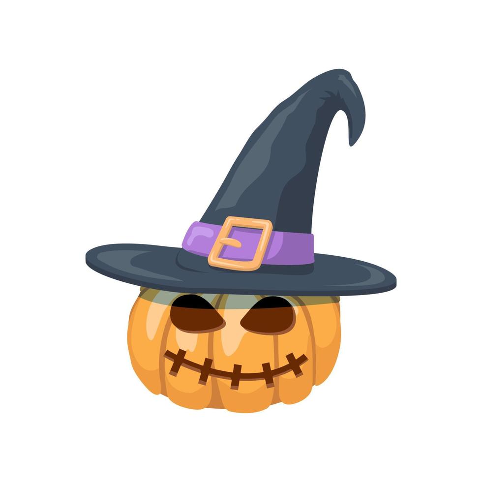 calabaza de halloween con cara tallada con sombrero de bruja. calabaza naranja con una sonrisa en un sombrero vector