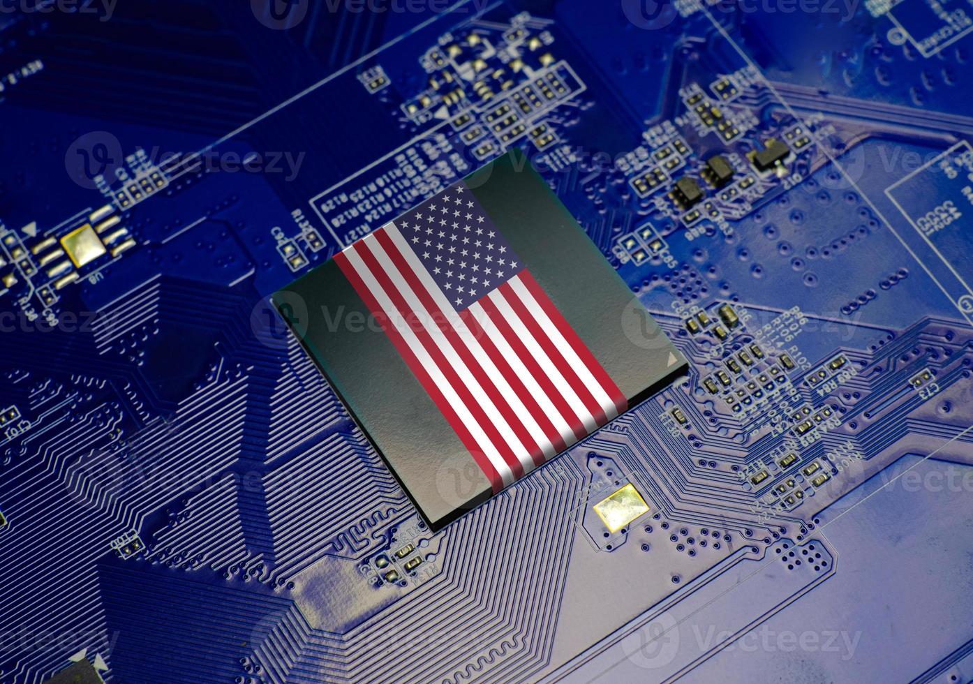 USA flag on CPU operating chipset computer electronic circuit board photo