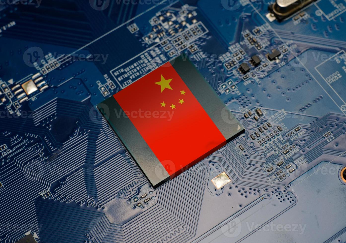 Flag of China on CPU operating chipset computer electronic circuit board photo