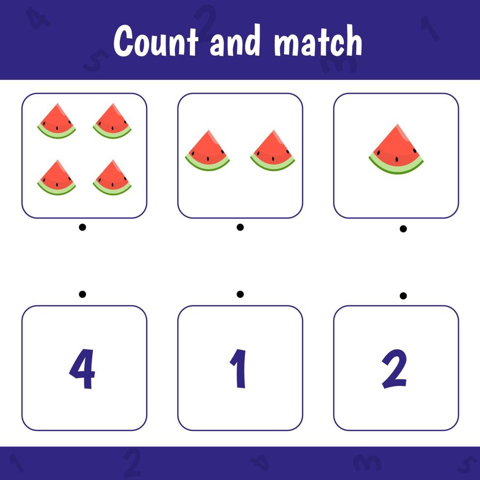 Count and match. Math activity game for kids education. Watermelon vector