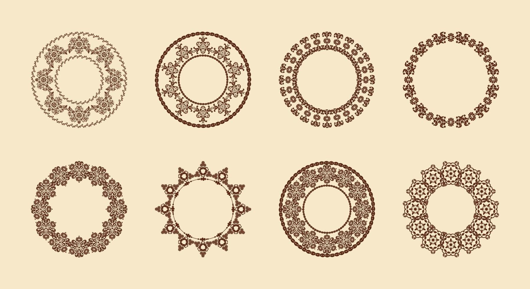 marco redondo pattern.vector conjunto de bordes de adornos circulares en estilo vintage. marcos de óvalos de encaje estampados para el diseño. marrón y beige. patrones de damasco. gráficos de computadora. vector