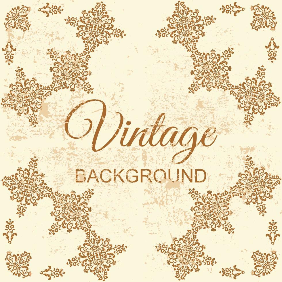 Vintage background with grunge texture in beige color. Vector template with grunge and ornament for design of invitation cards, labels, certificate or banner. Computer graphics.