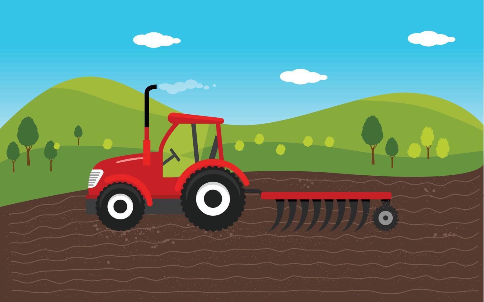 Farm with tracktor nature illustration, agricultural industry, land business countryside farming vector