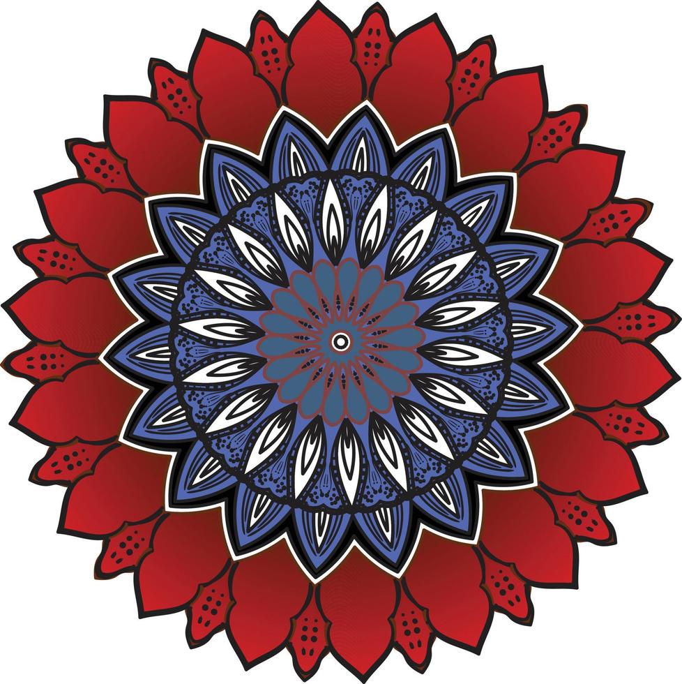 Round gradient mandala on white isolated background. Vector boho mandala in red and blue colors. Mandala with floral patterns. Yoga template