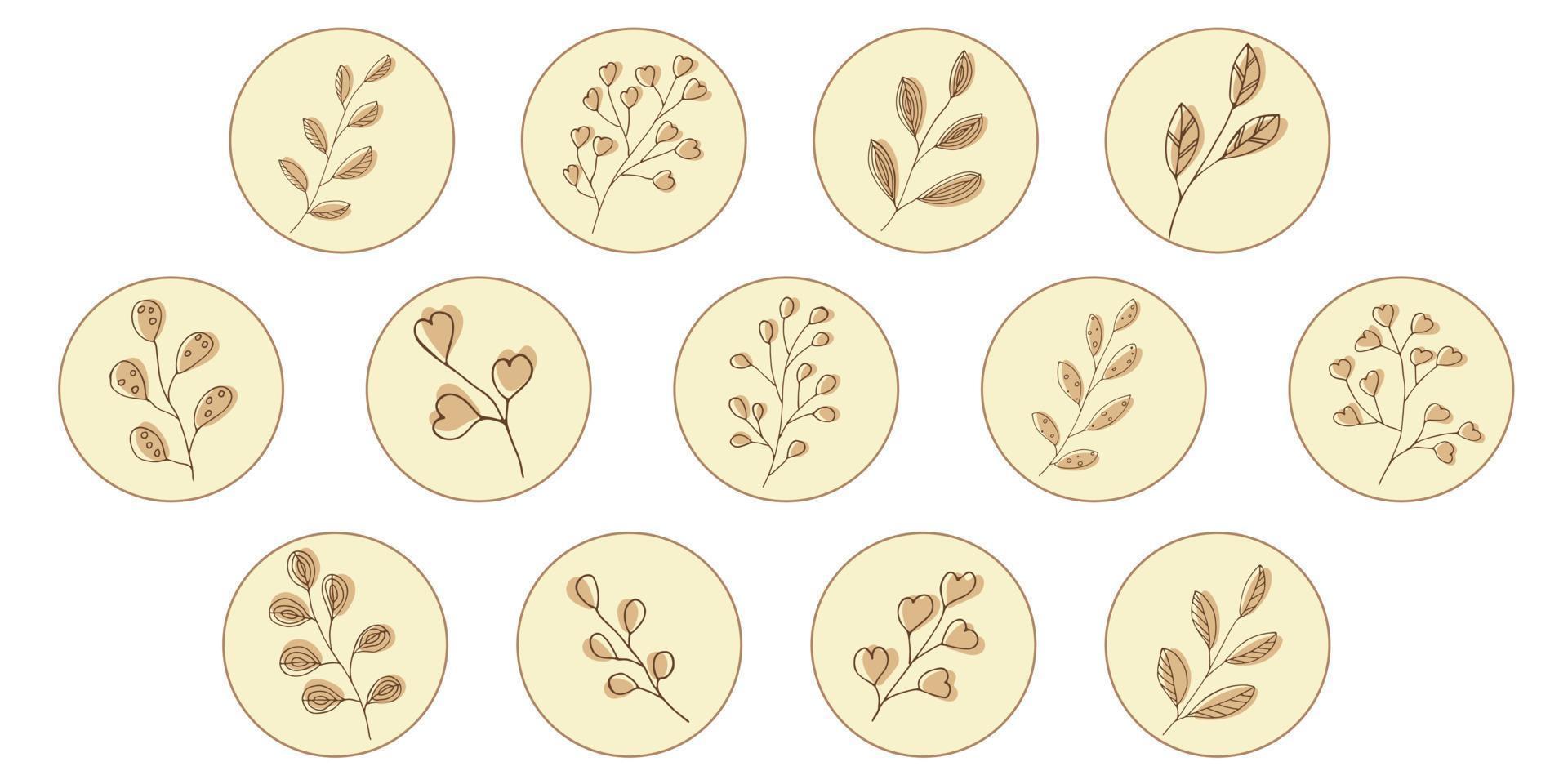 Vector set of icons and emblems for social media story highlight covers. Design templates for bloggers, photographers and designers. Abstract minimal circle backgrounds with nature leaves.