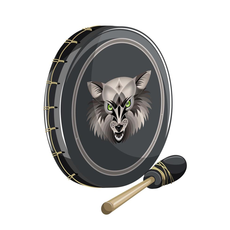 Vector image of a standing tambourine with a mallet lying next to it, isolated on a white background. In cartoon style. EPS 10