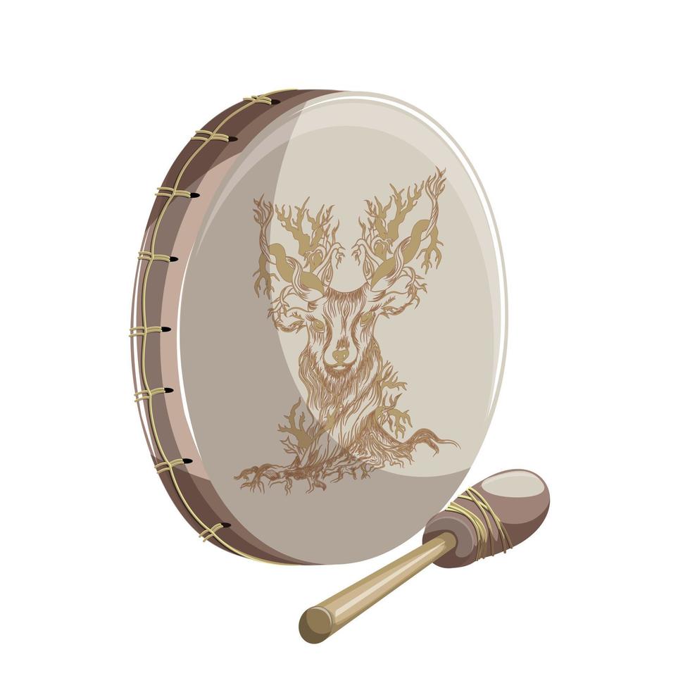 Vector image of a standing tambourine with a mallet lying next to it, isolated on a white background. In cartoon style. EPS 10