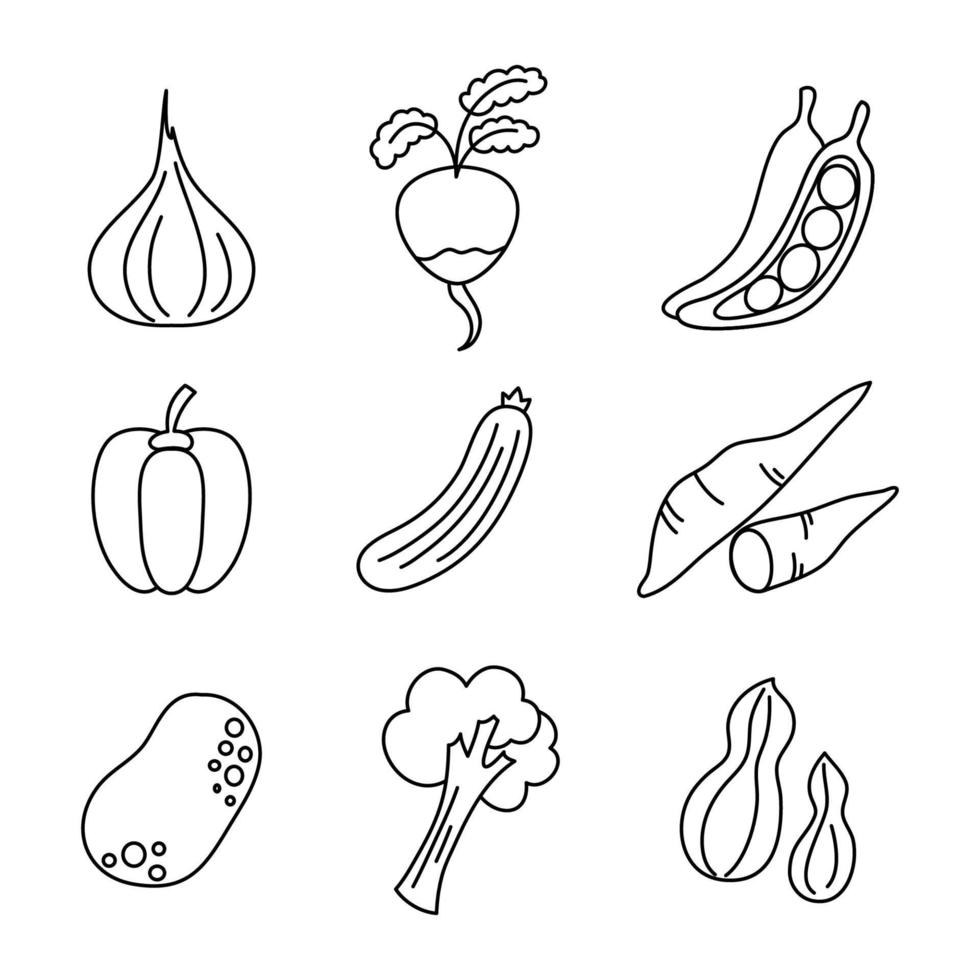 vector de ilustración de colección de vegetales de arte de línea para colorear