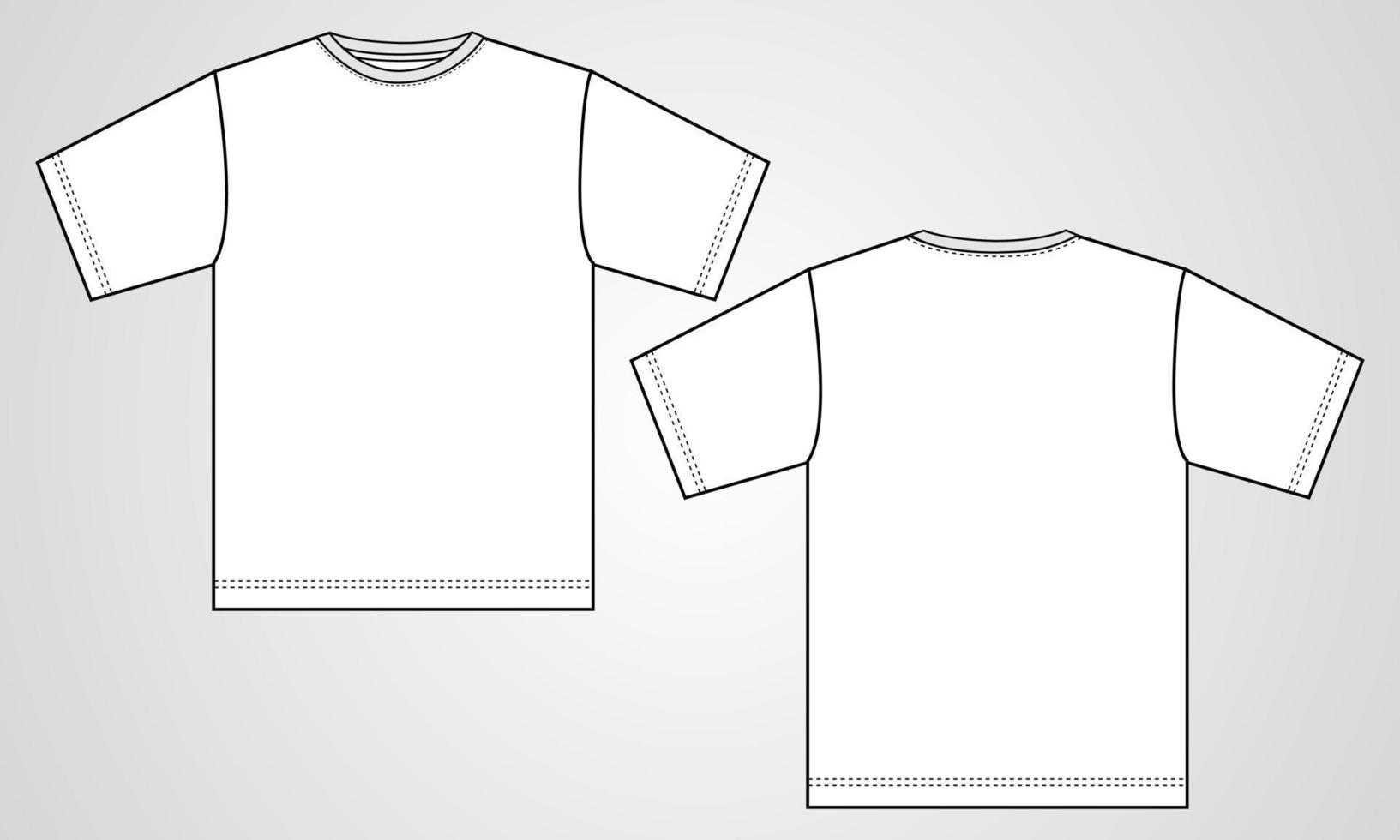 camiseta básica de manga corta vista frontal y posterior de la plantilla de ilustración vectorial de boceto plano de moda técnica general. ropa de vestir para hombres y niños. vector