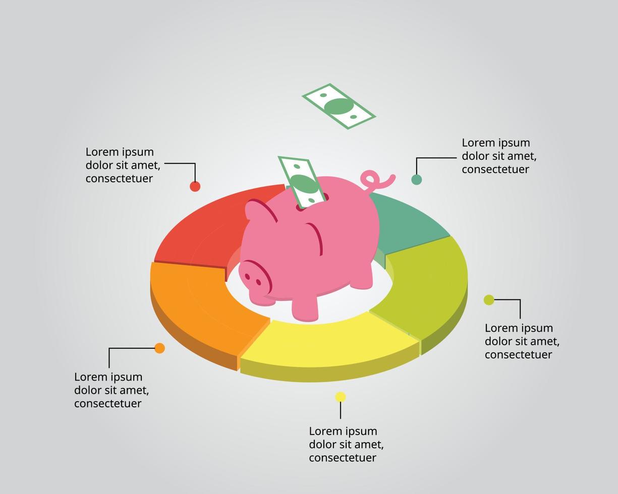 piggy bank for saving money or asset allocation template for infographic for presentation for 5 element vector