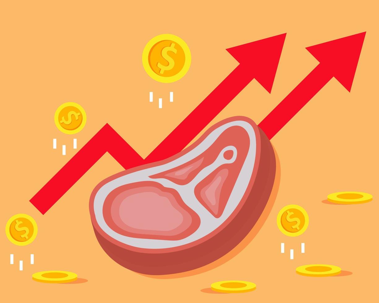 concepto de aumento de los precios del cerdo. hay cerdo con flechas rojas y muchas monedas de oro. estilo de vector de dibujos animados para su diseño.