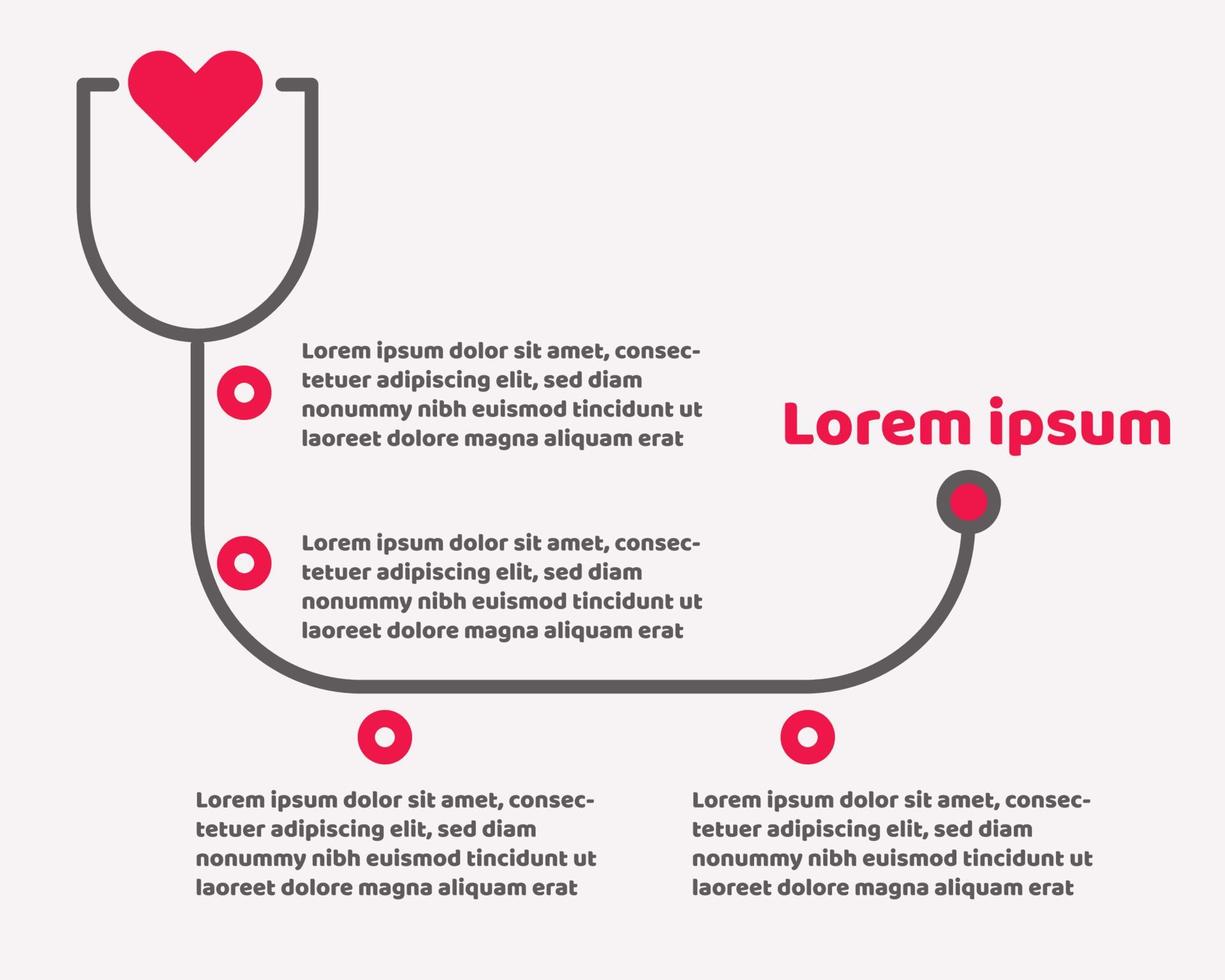 Health care or heart disease charts concept. Timeline infographic, stethoscope and red hearts shape. Flat Vector design template.