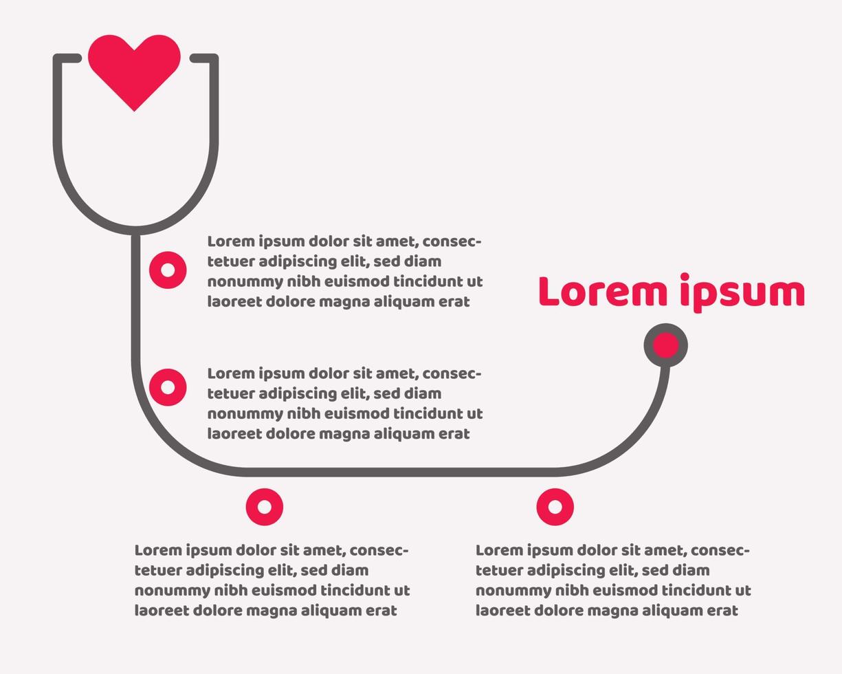 concepto de gráficos de atención médica o enfermedades cardíacas. infografía de línea de tiempo, estetoscopio y forma de corazones rojos. plantilla de diseño de vector plano.