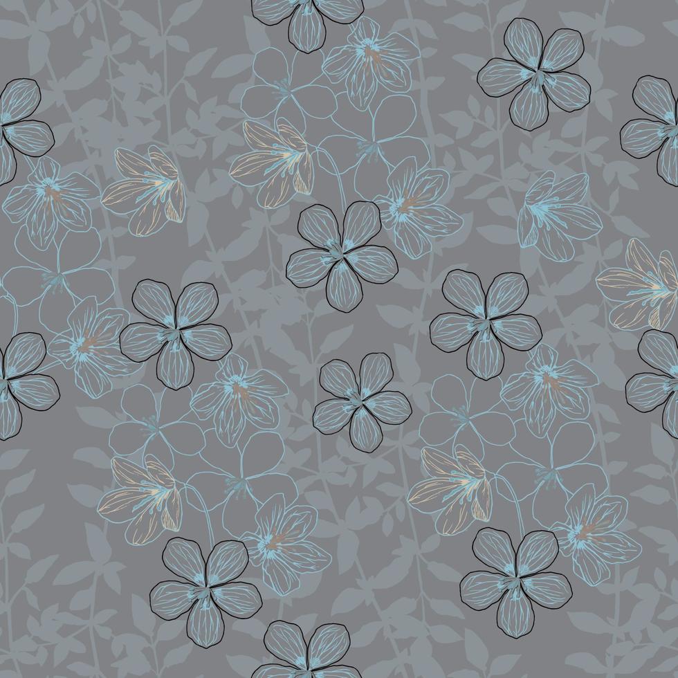 Creative seamless pattern with hand drawn flowers and silhouettes of leaves. Modern floral background. Wallpaper, fabric, and textile design. Good for printing. Wrapping paper pattern. Cute pattern. vector