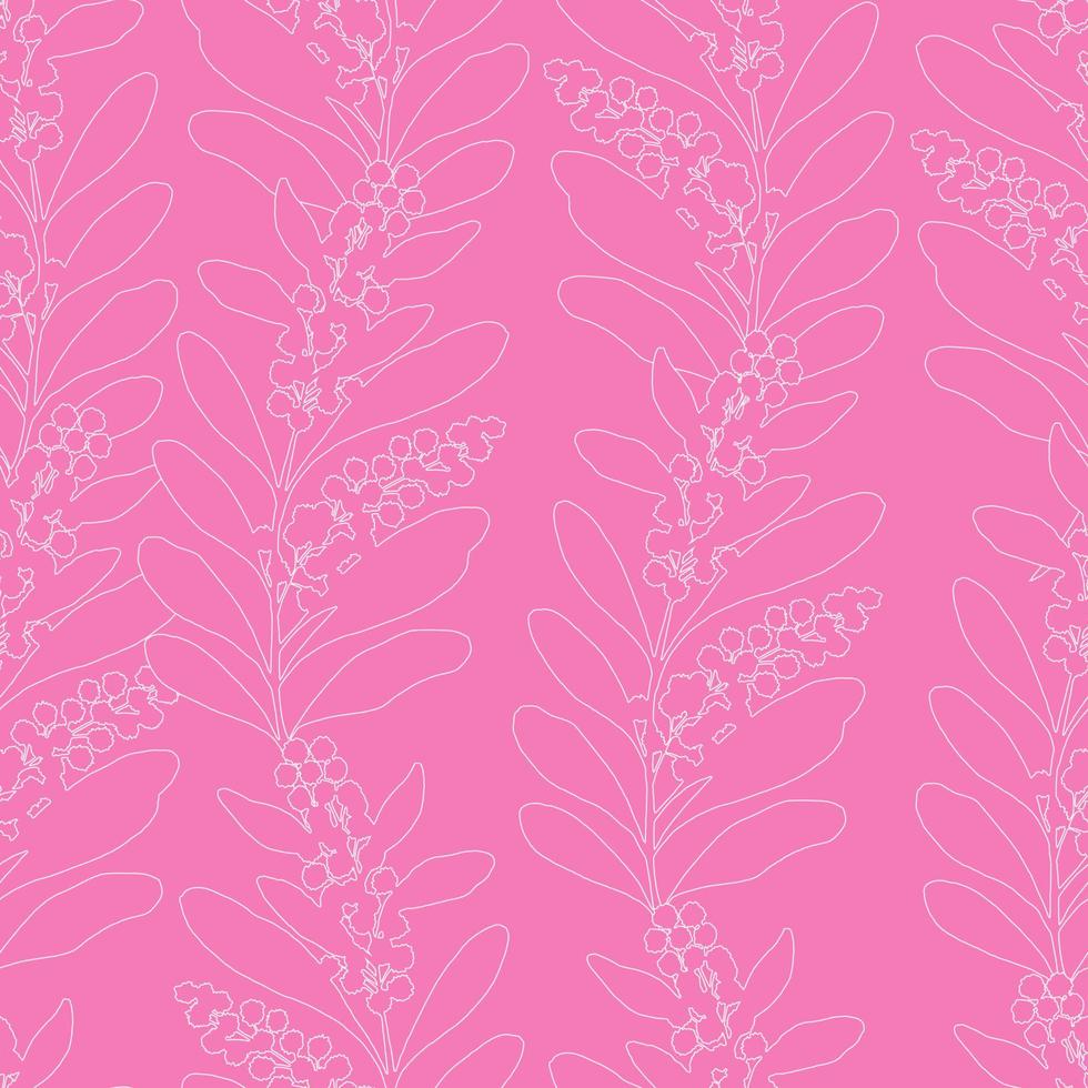 Vector seamless pattern with outline silhouettes of acacia flowering branch. Each outline silhouette is isolated on pink background for easy editing. Texture for ceramic tile wallpapers allover prints