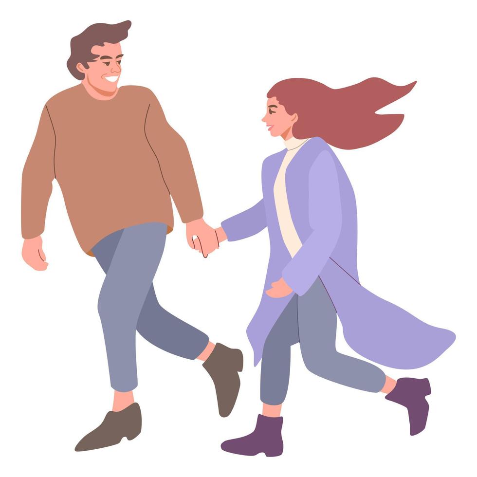 pareja romántica corriendo y tomados de la mano. hombre y mujer enamorados, pasando tiempo de calidad juntos. un concepto de objetivos de pareja. vector